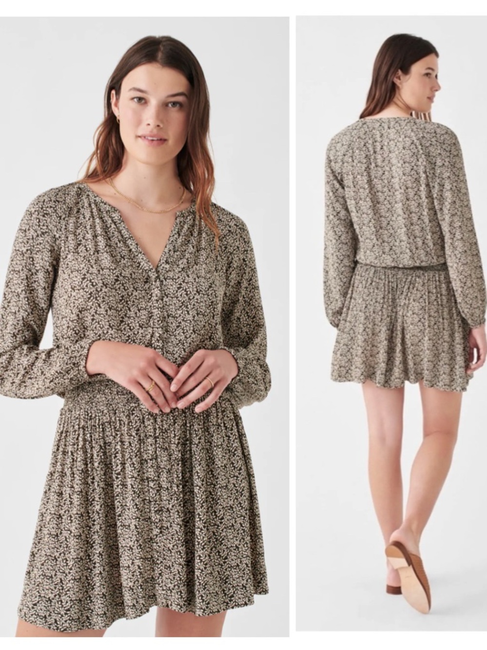 Faherty Montara Dress Long Sleeve Floral Flounce Mini Dress Leaf Batik Taupe L